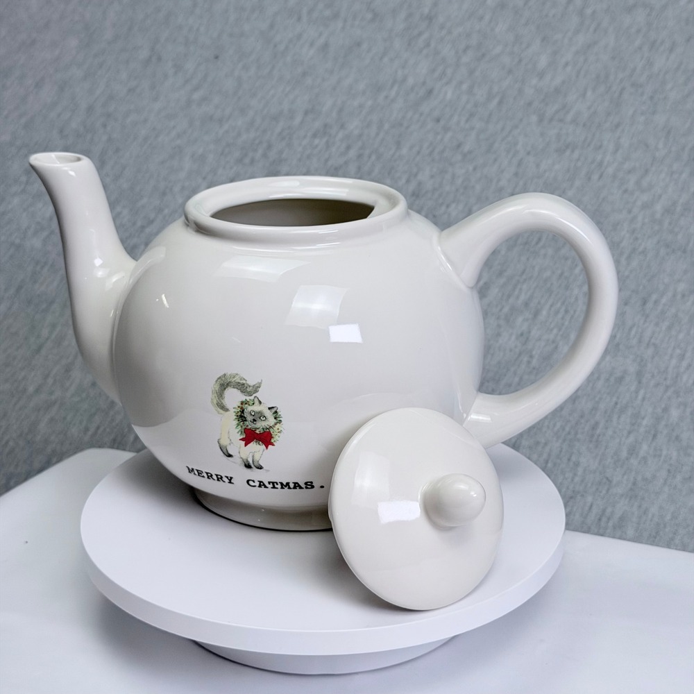 Rae Dunn Merry Catmas Christmas Teapot Ivory Ceramic Artisan Collection Magenta
